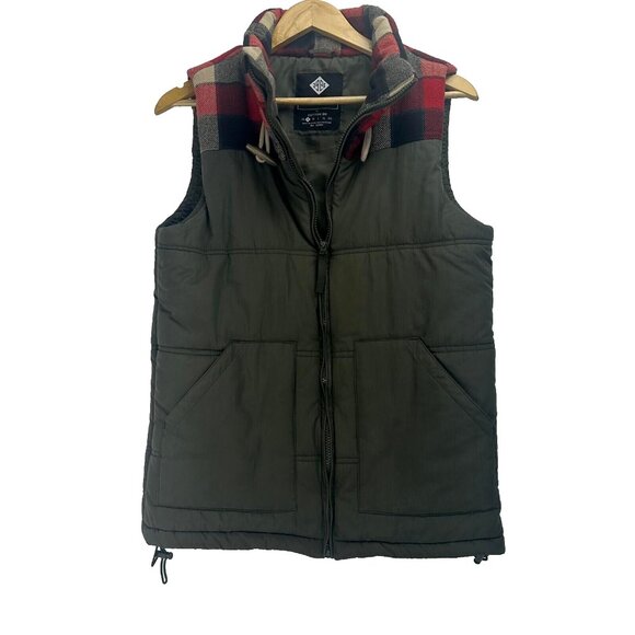 Nineteen Ninety One Vest Mens M Olive/plaid Polyester Hooded Full Zip Pockets - Picture 1 of 9